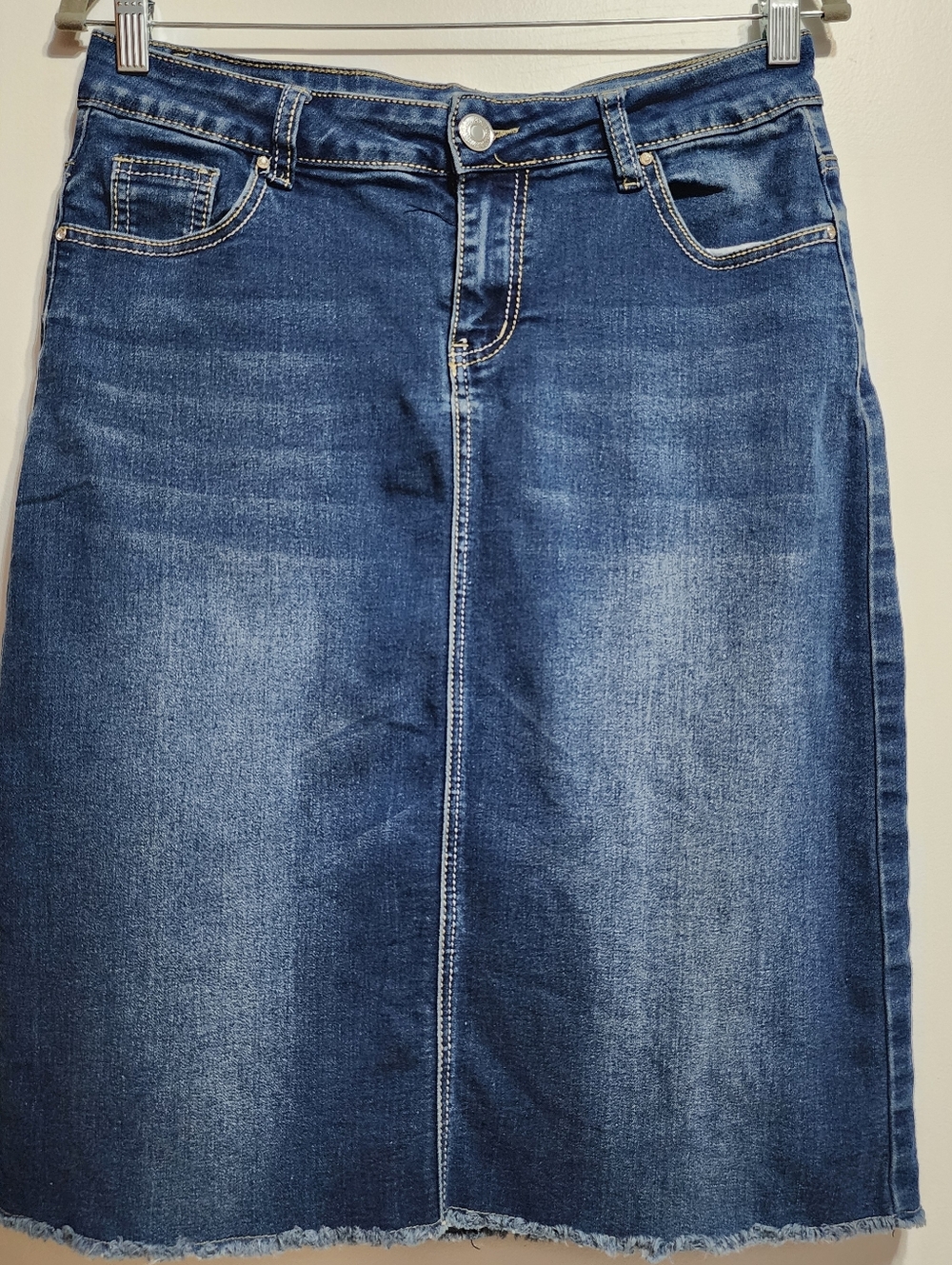 Be Girl Denim Blue Modest Midi Skirt Womens Size Small Be-Girl Dark Wash Raw Hem